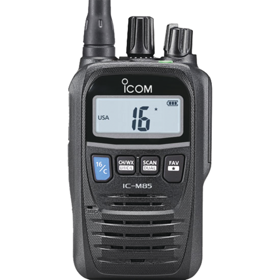 Radio portátil marino y comercial en VHF, incluye los canales USA / INT / CAN, y del clima, IC-M85