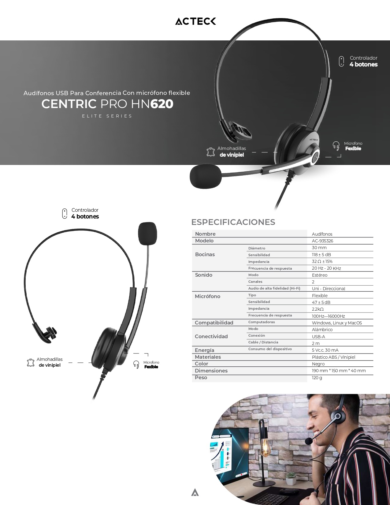 Audifono Diadema para Call Center ACTECK CENTRIC PRO HP620 Alambrico U –  GRUPO DECME