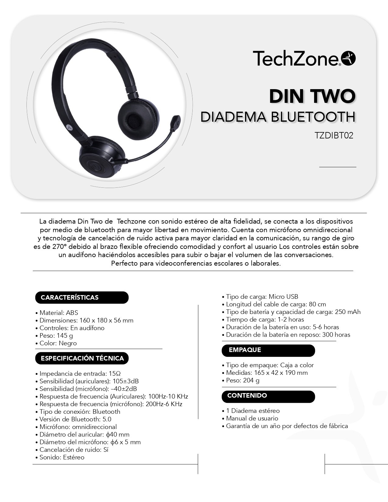 Audífonos De Diadema Bluetooth Inalámbrica Techzone Tzdibt02 Color Negro