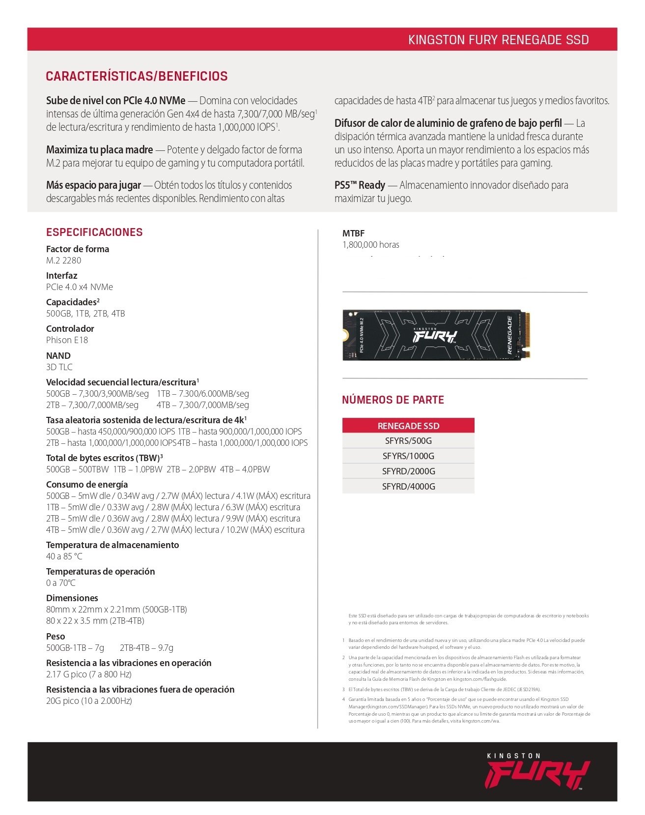 Unidad SSD Interno M.2 Kingston Fury Renegade 2TB PCIe Gen 4.0